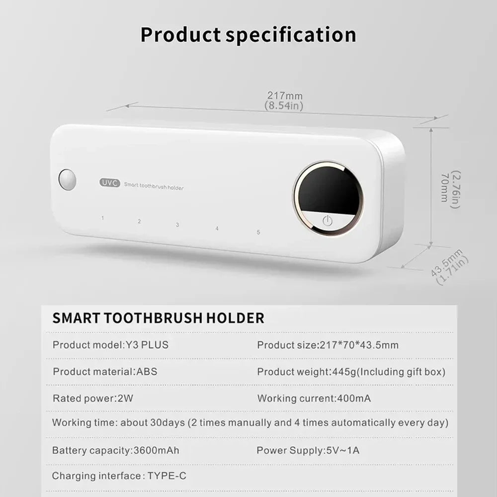 UV Toothbrush Sterilizer with LED Display - Rechargeable Wall Mount Holder